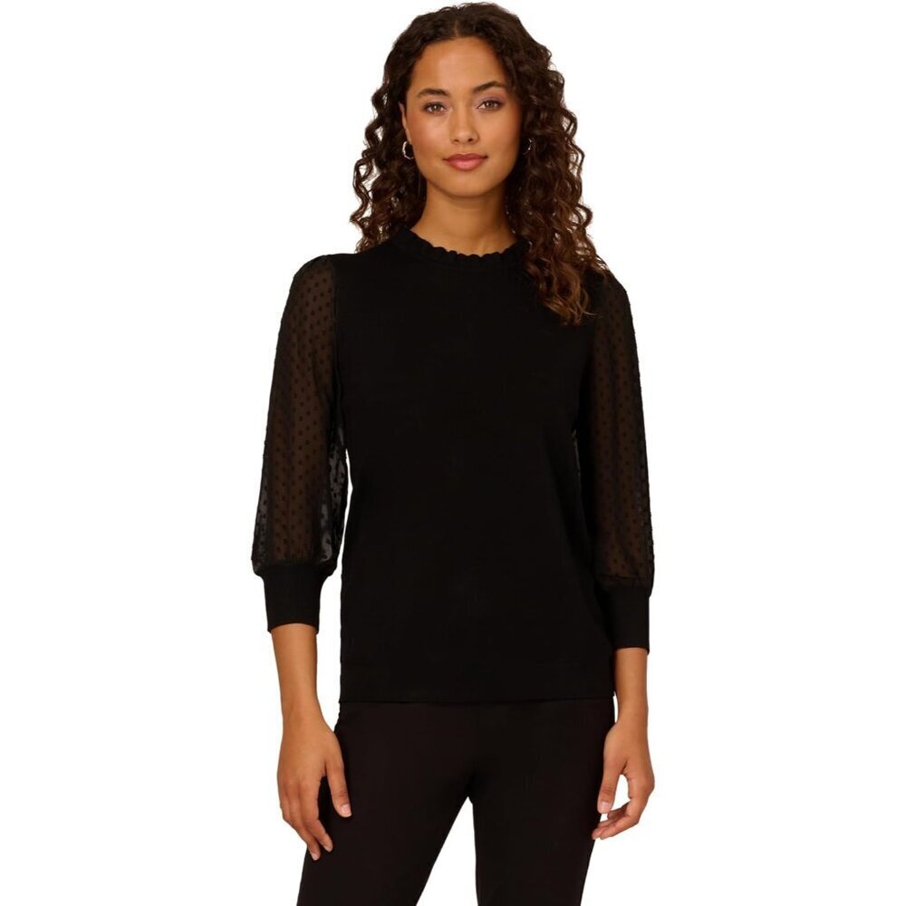 Women's Black Viscose Nylon Twofer Sweater Clip Dot Puff Sleeve X-Large